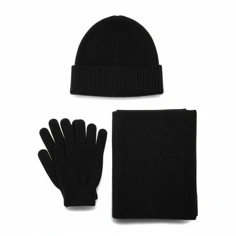 Time and Tru Womens 3-Piece Beanie Gloves Scarf Set One Size Black Winter Knit